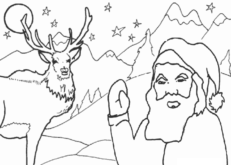 coloriage pere noel et son renne dans la foret